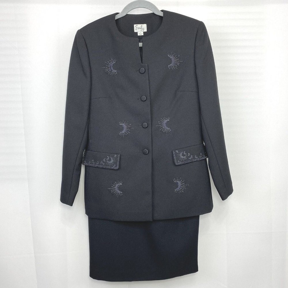 Emily Beaded Skirt Suit Sz 8 Sky Celestial Moon Stars Womens Black Charcoal